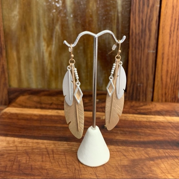 Double Metal Feather Dangle Earrings Mostly Gold - Picture 5 of 6